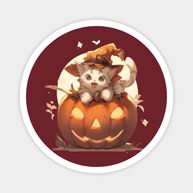 Kawaii cat witch on a halloween pumpkin Magnet by Seraphine